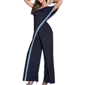 KOH KOH One Off Shoulder Asymmetric Jumpsuit with‎ Pockets - Navy & Sky Blue